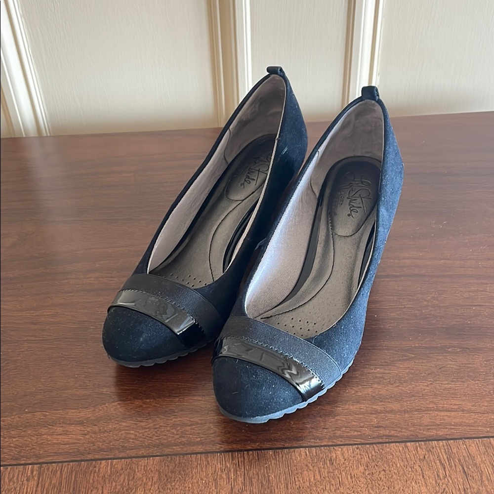 Black Life Stride Soft System Wedge Heels, Size 7.5M